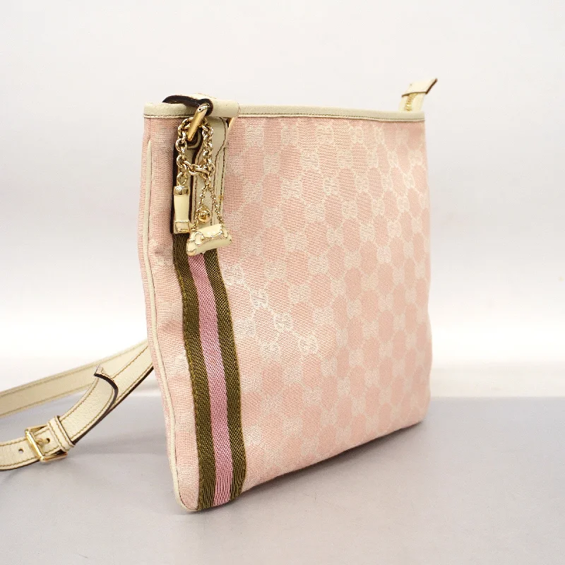 Women Gucci bags with a detachable mirror insideGUCCI  Sherry Line 144388 Women's GG Canvas,Leather Shoulder Bag Ivory,Pink