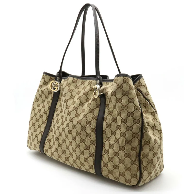 Gucci tote bags for women with a spacious interiorGUCCI GG Twins Canvas Tote Bag Shoulder Leather Khaki Beige Dark Brown 232956