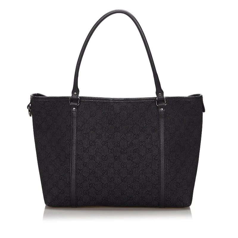 Women Gucci bags with a chain - link trim and a leather bodyGucci Black Canvas Fabric GG Tote Bag Italy