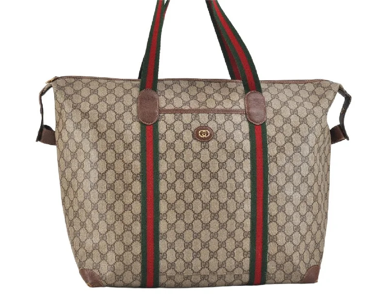 Gucci handbags for women with a patent - leather finishAuthentic GUCCI Web Sherry Line Travel Boston Bag GG PVC Leather Brown 2420K