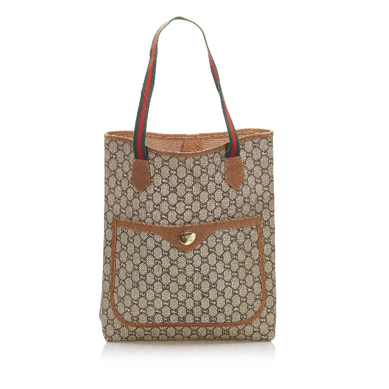 Women Gucci crossbody bags with a woven leather strapGucci GG Plus Web Tote Bag (SHG-16279)