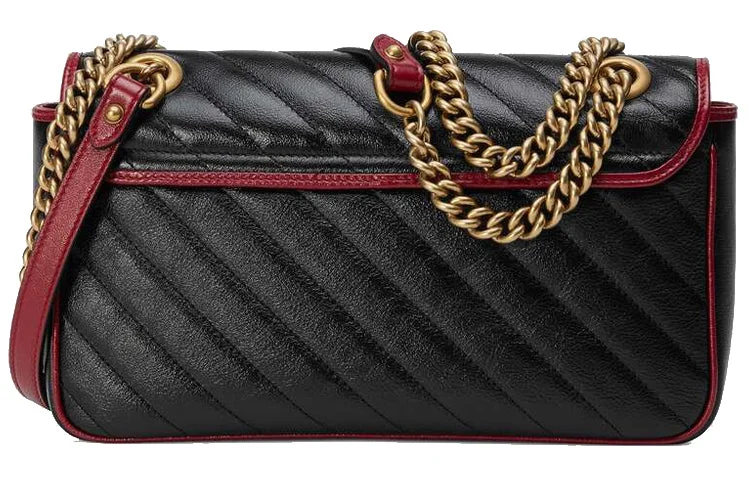 Women Gucci tote bags in GG Supreme canvas for a branded feelGUCCI GG Marmont Gold Logo Colorblock Leather Chain Shoulder Messenger Bag Small Black / Red Retro 443497-0OLFX-8277