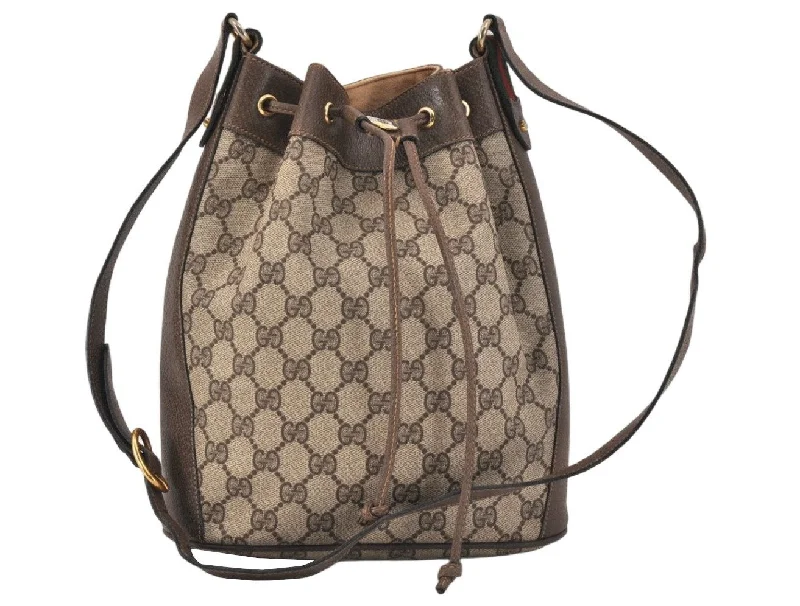 Women Gucci Sylvie bags with a detachable ribbon detailAuthentic GUCCI Web Sherry Line Drawstring Bag GG PVC Leather Brown Junk 3352K