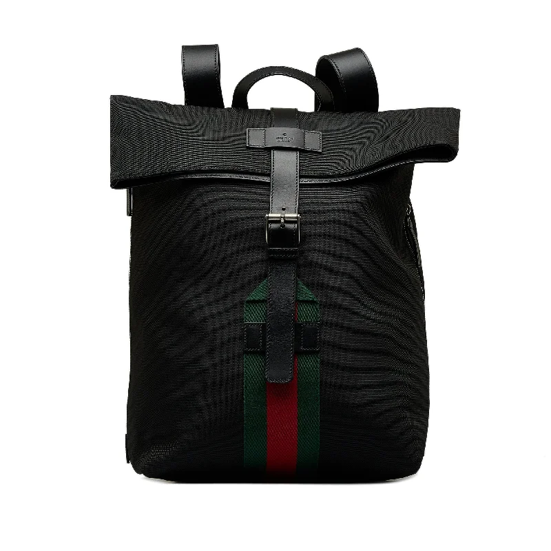 Ladies Gucci handbags with a detachable coin purse insideGucci Web Fold Over Techno Backpack Black