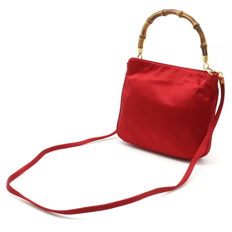 Women Gucci Sylvie bags with a leather - wrapped handleGUCCI Bamboo Handbag Shoulder Bag Satin Red 005.781.0315