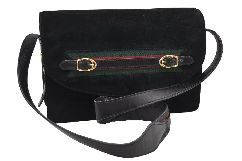 Gucci backpacks for women with a padded laptop compartmentAuthentic GUCCI Web Sherry Line Shoulder Cross Bag Suede Leather Black 3196K