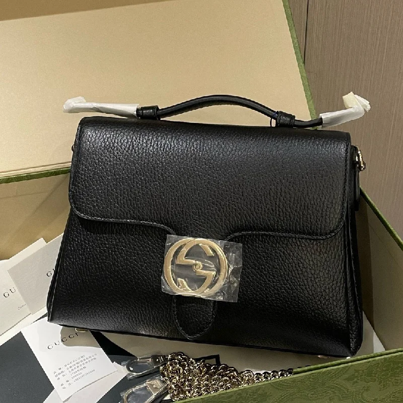 Women Gucci bags with a zip - around closure for securityGucci Black Leather Top Handle Messenger Bag Medium