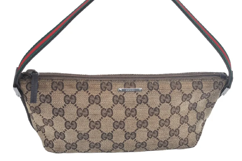 Women Gucci Sylvie bags featuring the signature web stripeAuthentic GUCCI Web Sherry Line Hand Bag Pouch GG Canvas Leather Brown L0550