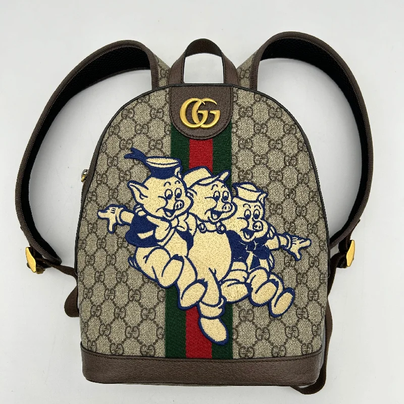 Gucci handbags for women with a metal - framed claspGucci GG Supreme Canvas Three Little Pigs Brown Backpack