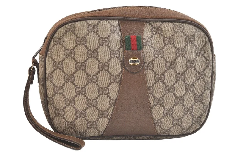 Gucci Marmont bags for women with gold - toned hardwareAuthentic GUCCI Web Sherry Line Clutch Hand Bag Purse GG PVC Leather Brown 3252K