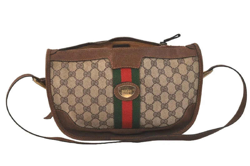 Women Gucci bags with interlocking G hardware for a classic lookAuthentic GUCCI Web Sherry Line Shoulder Bag GG PVC Leather Brown Junk 3437K