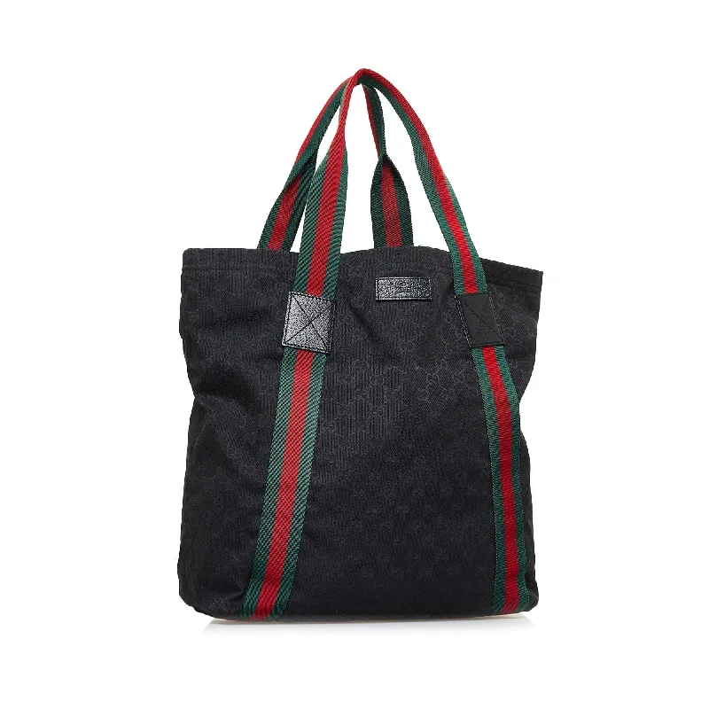 Ladies Gucci shoulder bags with a wide - width strapGucci GG Canvas Web Tote Bag (SHG-XHMOLG)