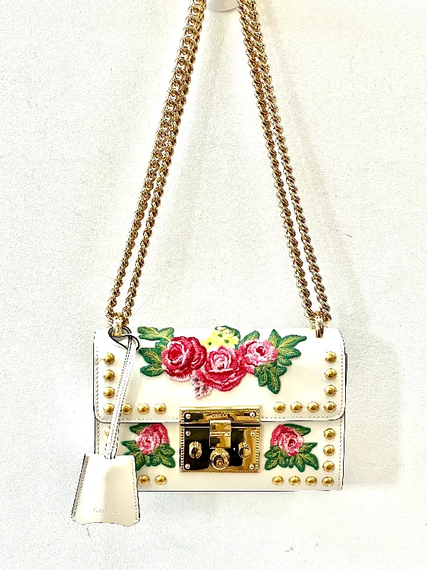 Women Gucci Sylvie bags with a crystal - embellished web stripeGUCCI CALFSKIN FLORAL EMBROIDERED SMALL PADLOCK SHOULDER BAG