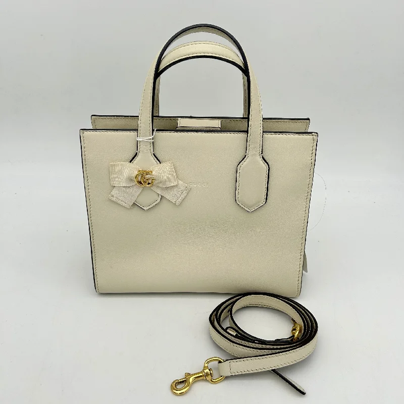 Women Gucci bags with a front - flap pocket for quick - access itemsGucci GG Ribbon White Satchel Leather Handbag Small