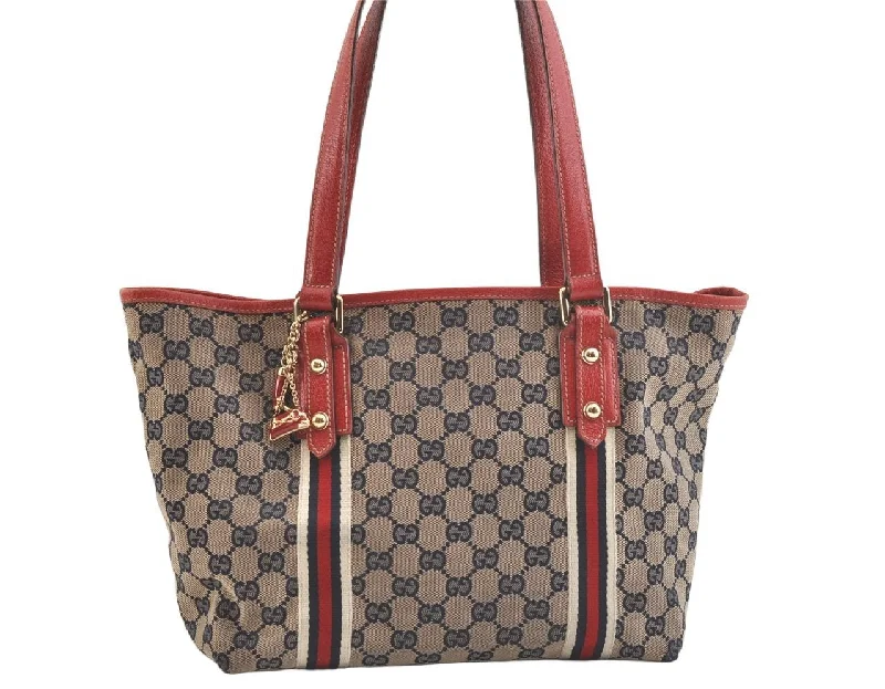 Gucci tote bags for women with a printed Gucci logoAuthentic GUCCI Web Sherry Line Tote Bag GG Canvas Leather 137396 Navy 2861K