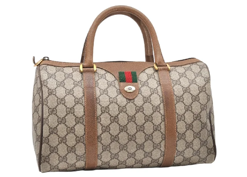 Gucci Marmont bags for women with quilted leather exteriorsAuthentic GUCCI Web Sherry Line Hand Boston Bag GG PVC Leather Brown 3214K