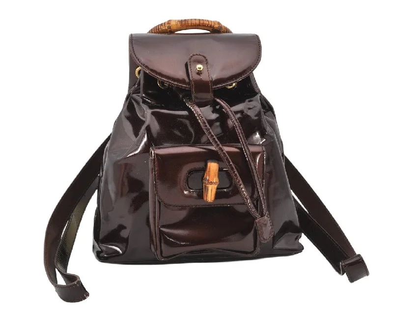 Ladies Gucci Dionysus bags with a chain - link shoulder strapAuthentic GUCCI Vintage Bamboo Drawstring Backpack Purse Enamel Brown 4896K