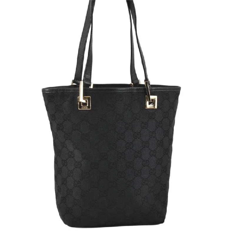 Women Gucci bags with a snap - button closure and a decorative charmAuthentic GUCCI Vintage Shoulder Tote Bag GG Canvas Leather 0021099 Black 2727K