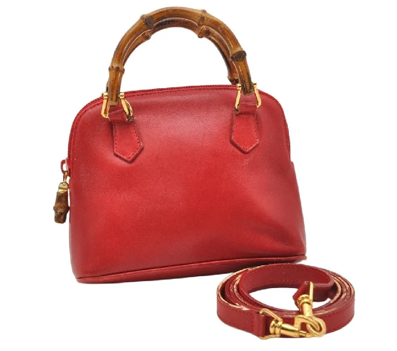 Medium - sized Women Gucci handbags for everyday useAuthentic GUCCI Bamboo 2way Hand Shoulder Bag Purse Leather Red Junk 3264K