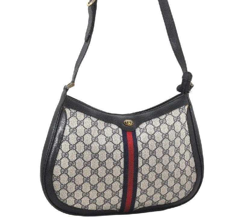 Women Gucci Sylvie bags featuring the signature web stripeAuthentic GUCCI Sherry Line Shoulder Bag GG PVC Leather Navy Blue Junk 5088K