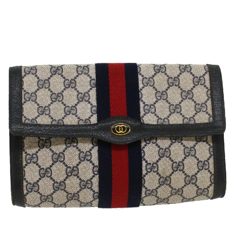 Women Gucci Sylvie bags with a monogram - embossed leatherGUCCI GG Canvas Sherry Line Clutch Bag PVC Leather Gray Red Navy  yk7169