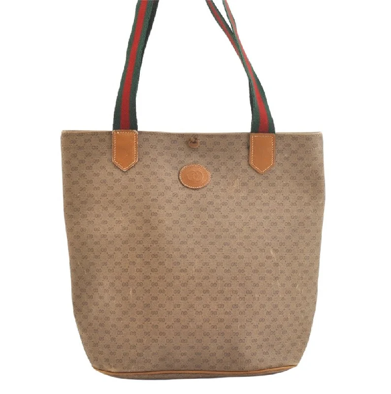 Women Gucci Sylvie bags with a leather - wrapped handleAuthentic GUCCI Web Sherry Line Micro GG PVC Leather Tote Bag Brown 2404K