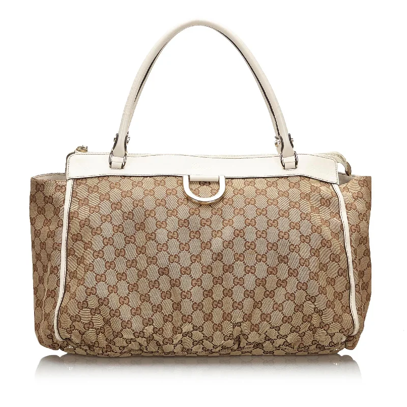 Ladies Gucci shoulder bags with a magnetic - closure flapGucci Brown Beige Canvas Fabric GG Abbey-D Ring Tote Bag Italy