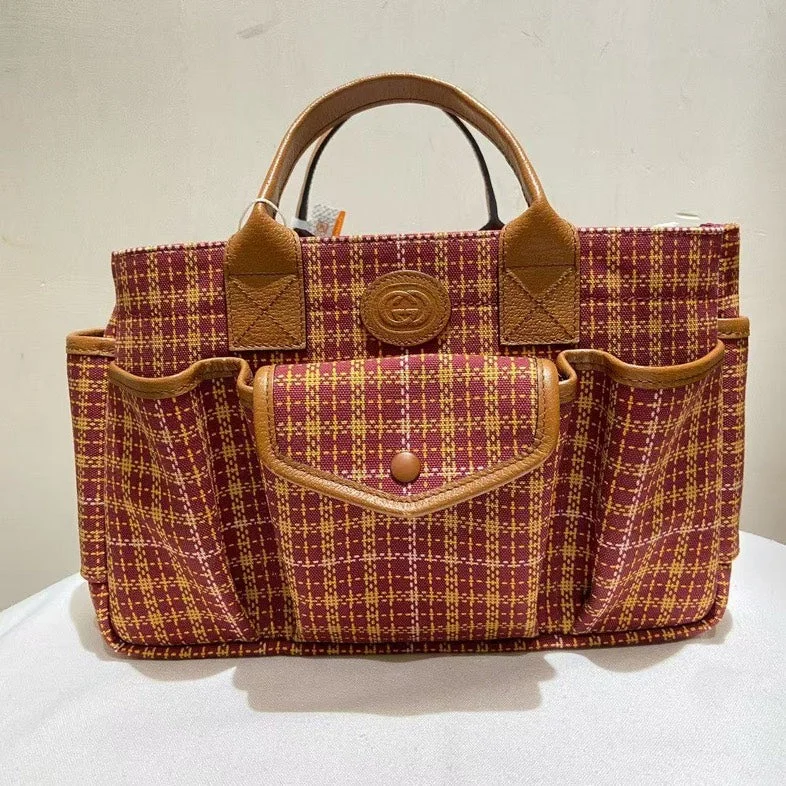 Women Gucci bags with a detachable mobile phone holderGucci Beige Red Patterned Canvas Leather Trim Tote Bag Medium