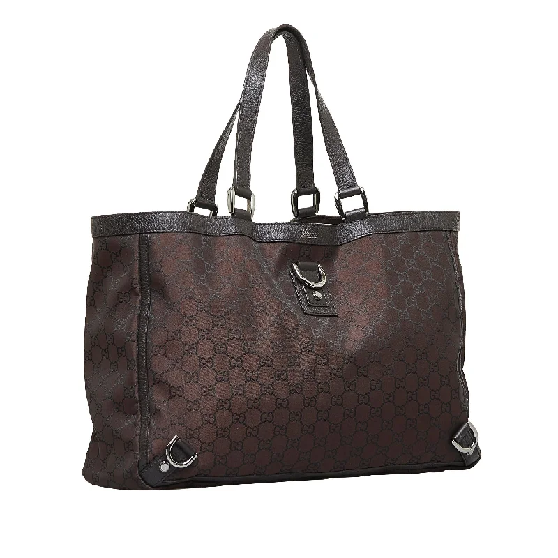 Ladies Gucci shoulder bags with a magnetic - closure flapGucci GG Nylon Abbey D-Ring Tote (SHG-AlBqMB)