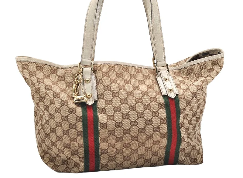 Small - sized Women Gucci shoulder bags for evening outingsAuthentic GUCCI Web Sherry Line Tote Bag GG Canvas Leather 139260 Brown 2642K