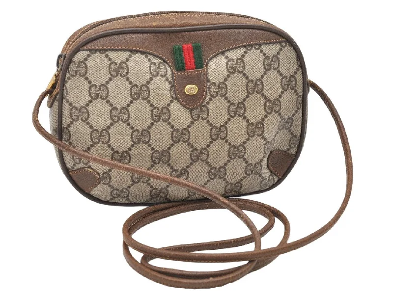 Women Gucci crossbody bags with a woven leather strapAuthentic GUCCI Web Sherry Line Shoulder Cross Bag GG PVC Leather Brown 3100K