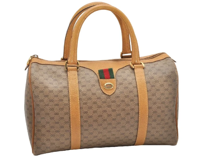 Gucci handbags for women with a metal - framed claspAuthentic GUCCI Web Sherry Line Micro GG Hand Bag PVC Leather Brown Junk 3365K