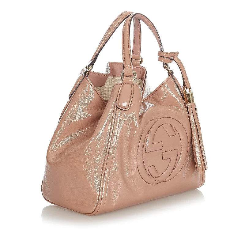 Gucci tote bags for women with a printed Gucci logoGucci Soho Patent Leather Satchel (SHG-31946)