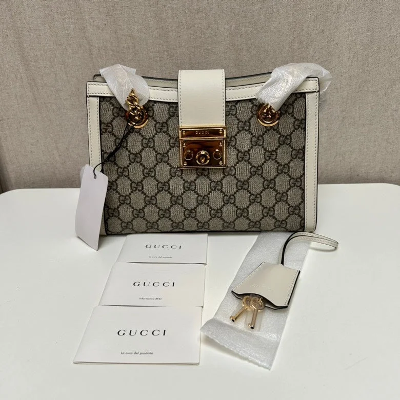 Gucci Marmont bags for women with quilted leather exteriorsGucci Beige GG Supreme Padlock Small Shoulder Bag