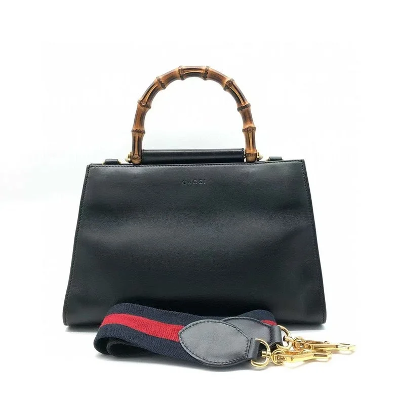 Women Gucci crossbody bags with a keychain holderGucci Black Leather Bamboo Handle Bag Medium