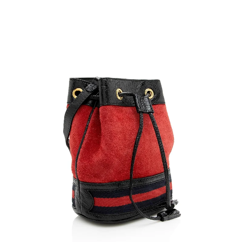 Women Gucci bags with a front - zip pocket for small itemsGucci Suede Patent Leather Ophidia Mini Bucket Bag (SHF-22971)