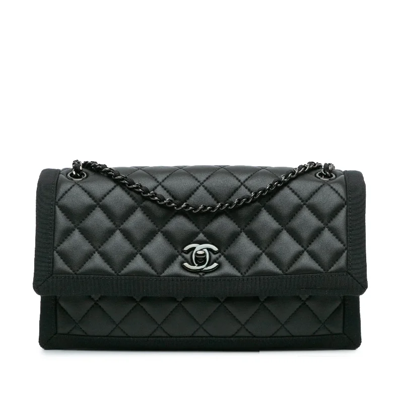 Black Chanel Medium Quilted Lambskin Grosgrain Flap Shoulder Bag