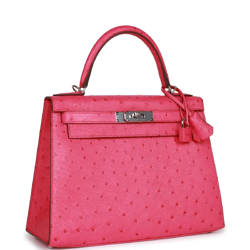 Hermes Kelly Sellier 28 Rose Tyrien Ostrich Palladium Hardware