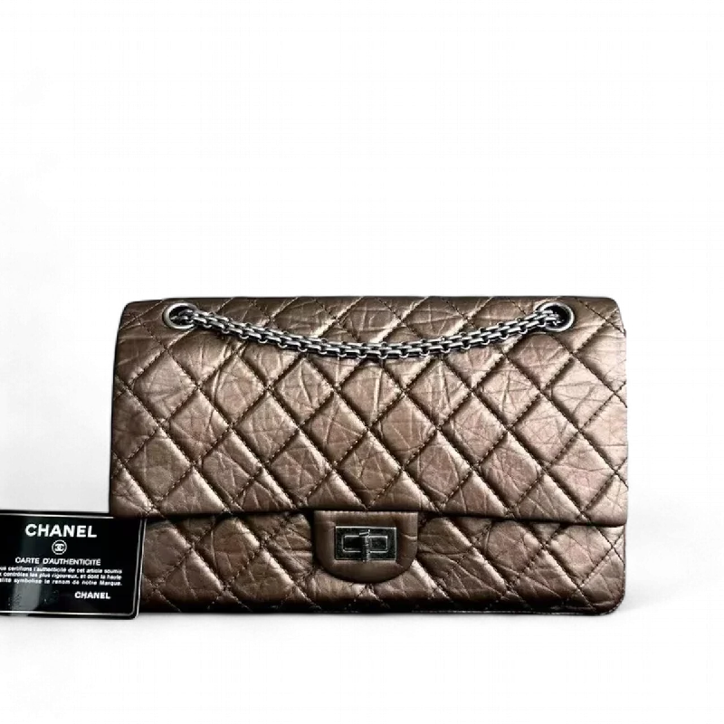 Chanel Handbag with Adjustable Strap for Comfort2.55 226 Medium 28CM Quilted Calfskin Metallic Brown Bronze Silver Hardware Series 12