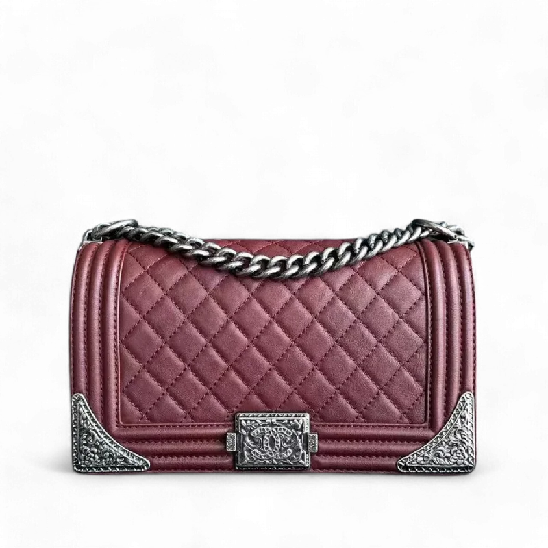 Chanel All - Match Handbag for Versatile StylingBoy Limited Edition Old Medium Quilted Grained Calfskin With Metal Edegs Burgundy Leboy RSHW No 19