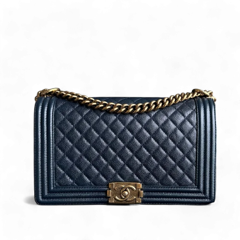 Chanel Designer Handbag with Unique DesignChanel Boy Medium - Caviar 28CM New Medium Dark Blue Ruthenium Gold Hardware Series 19