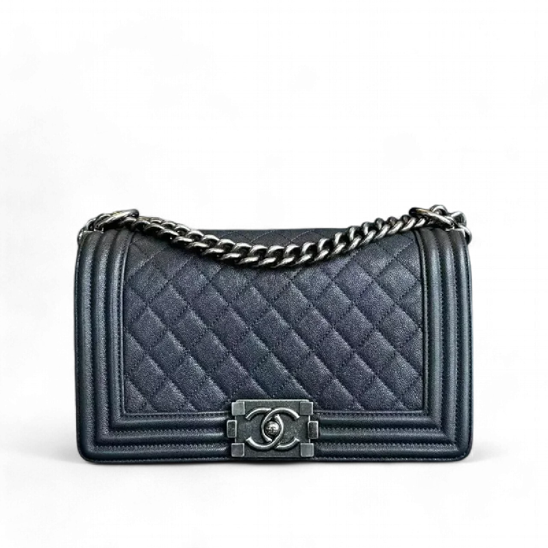 Chanel Vintage Inspired Handbag for Retro LoversCaviar Boy Old Medium 25CM Quilted Calfskin Dark Grey Gray Silver Hardware Series 26