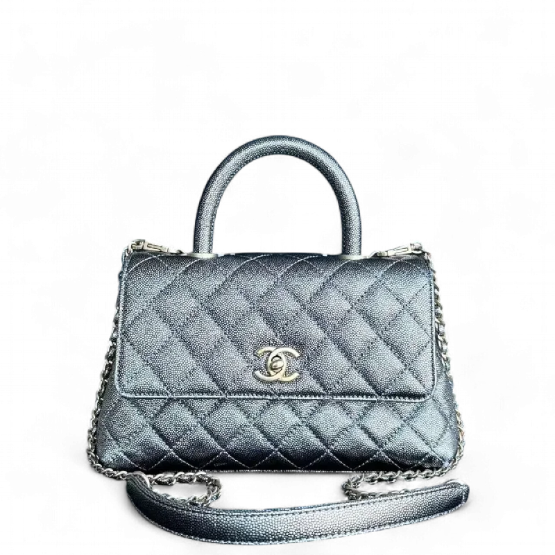 Chanel Quilted Leather Shoulder Bag for FashionistasChanel Caviar Coco Handle Small Grained Calfskin Metallic Silver Golden Hardware Series 28