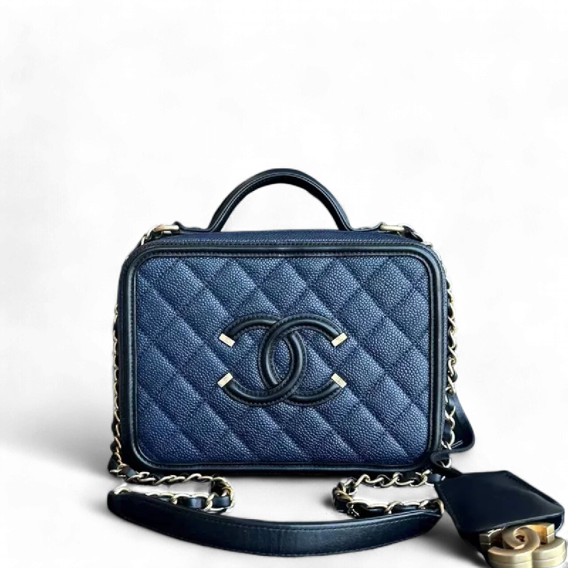 Chanel Medium Tote Bag for Office LadiesChanel Caviar Medium filigree Vanity Case Quilted Grained Calfskin Dark Blue Golden Hardware Series 24