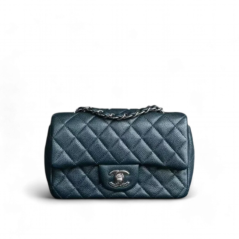 Chanel Luxury Handbag for High - End EventsCaviar Mini Rectangular Classic Flap Quilted Calfskin Dark Green Silver Hardware