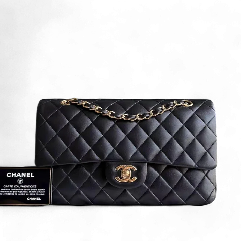 Chanel Designer Handbag with Unique DesignChanel Classic Flap Medium - Lambskin 25CM Quilted Black Gold Hardware Series 15