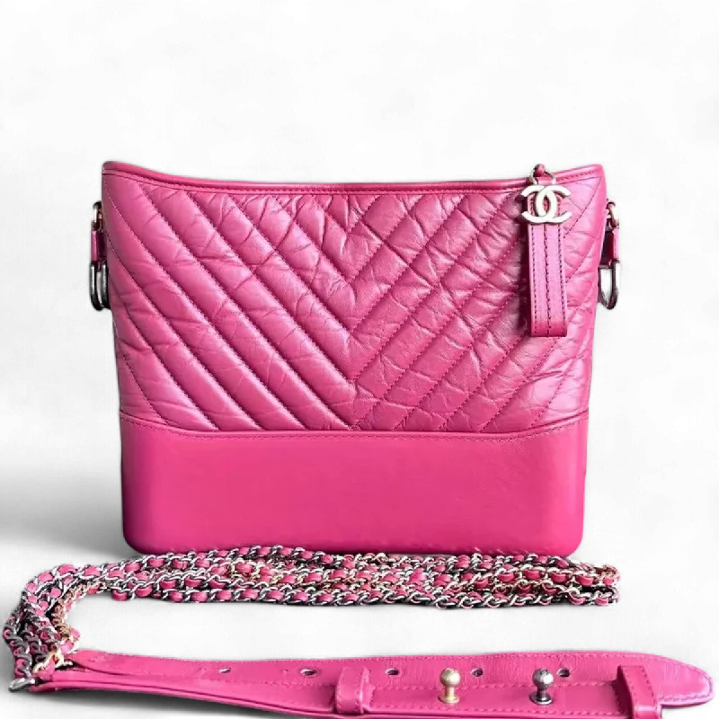 Chanel Classic Flap Bag for Evening PartyGabrielle Medium 27CM Chevron Calfskin Hot Pink Two-tone Hardware