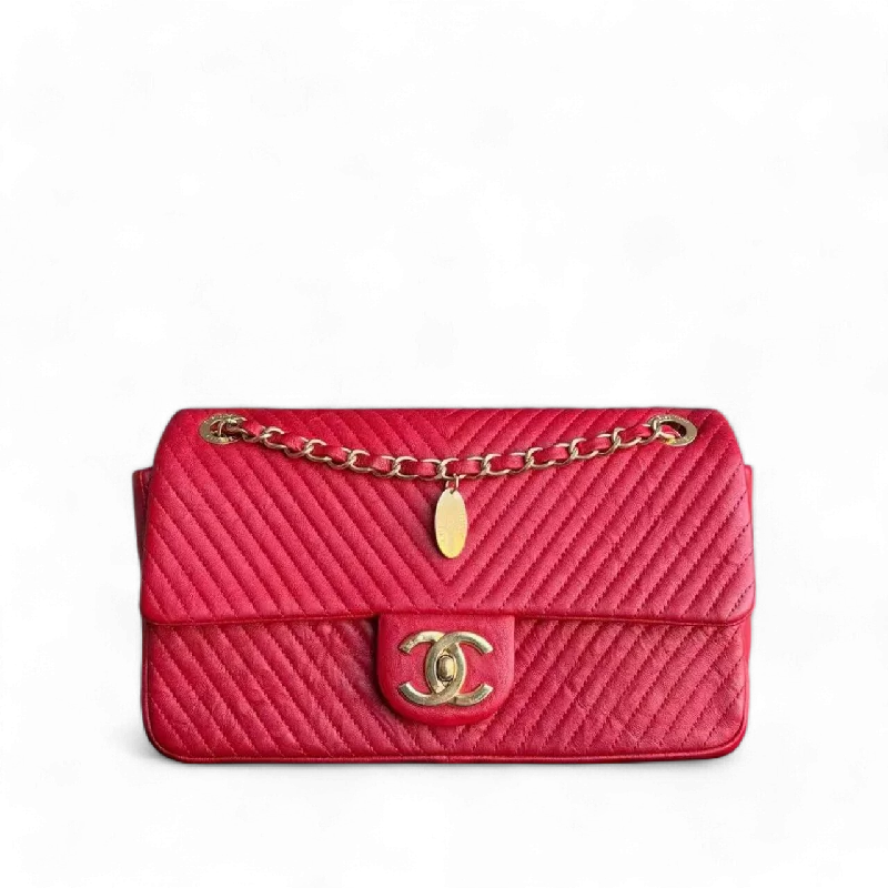 Chanel Luxury Handbag for High - End EventsChanel Herringbone Medallion - Chevron Seasonal Flap Red Calfskin Aged Gold Hardware Series 21