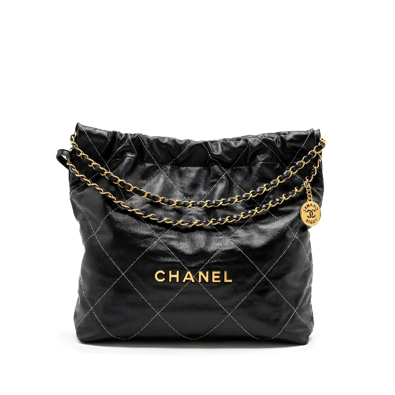 Chanel Quilted Leather Shoulder Bag for FashionistasChanel Medium 22 Bag Shiny Calfskin Black With White Stitching Gold Letter GHW (Microchip)