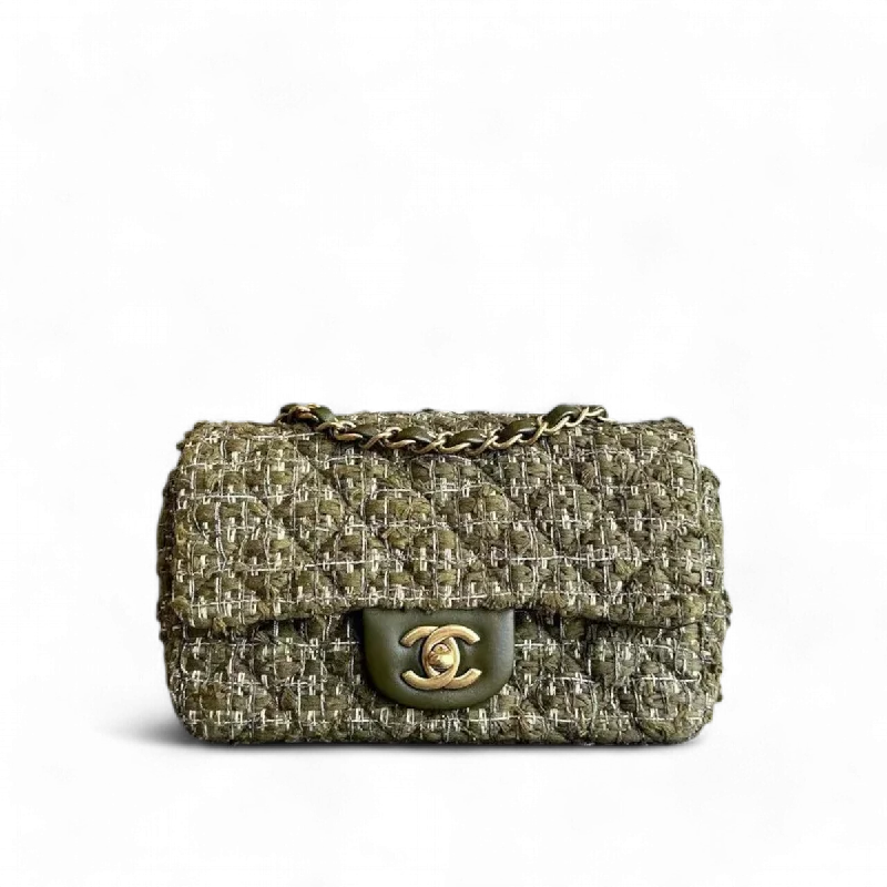 Chanel Small Crossbody Bag for TravelMini Rectangular Classic Flap Quilted Tweed Green Golden Hardware Series 23